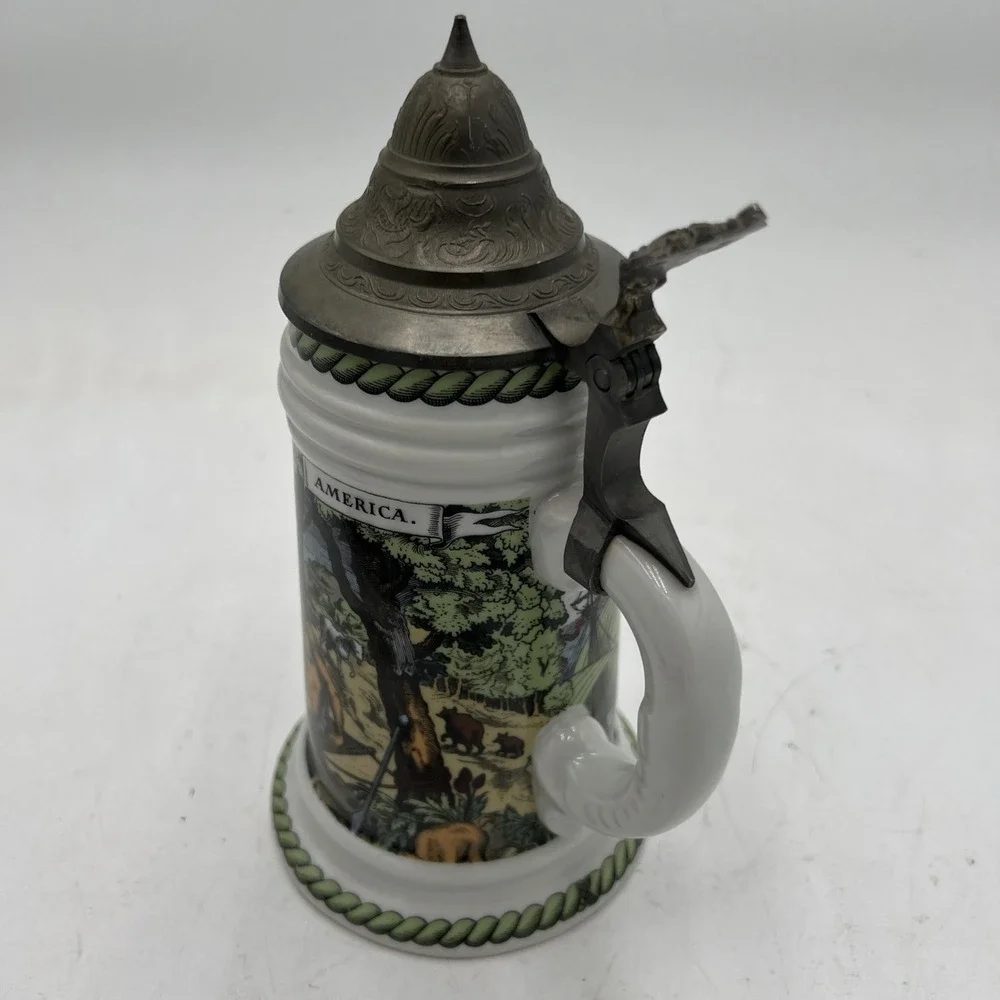 VNTG Cerami Beer Stein Tankard Pewter Lid Sailing Ship Historical Explorer Theme